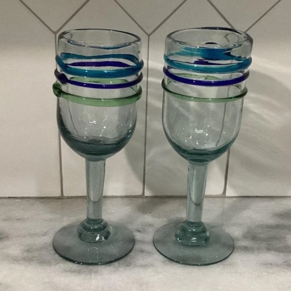Pier 1 Imports Water Goblets, Set‎ of 2, Vintage Hand Blown Multicolor Rings
